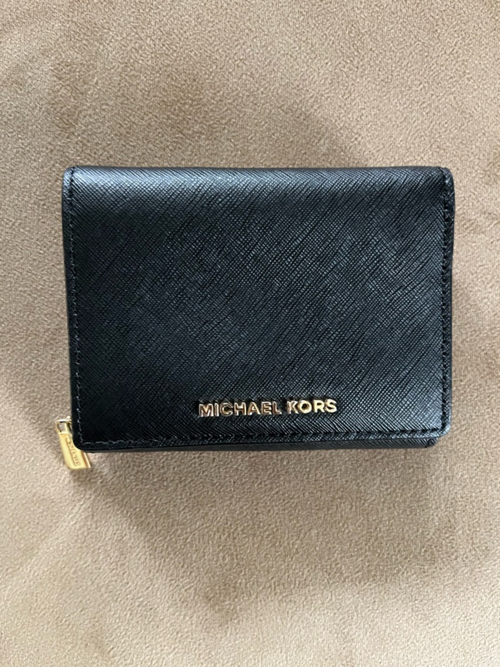 Michael Kors Black Leather Trifold Wallet with Gold Logo